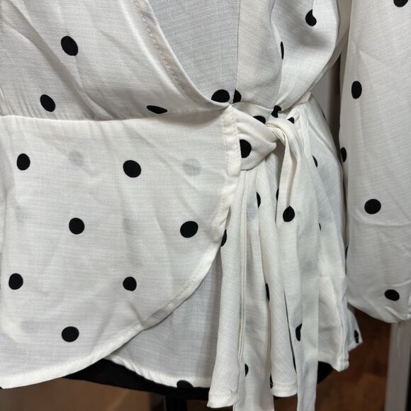 MERAKI Peplum Faux Wrap Blouse Long Sleeves White With Black Dots - Picture 7 of 11